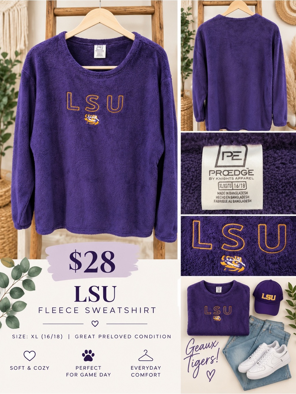 Women’s Pro Edge Purple LSU Fleece Crewneck Sweatshirt XL
